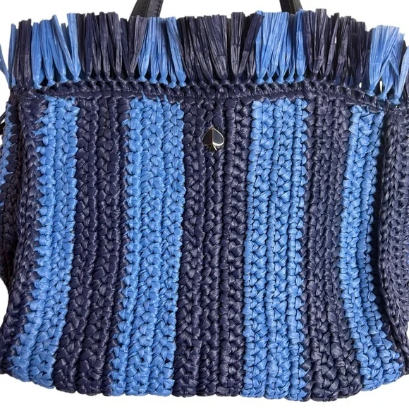 Kate Spade Sam Stripe Straw Medium Satchel Blue - Picture 3 of 16